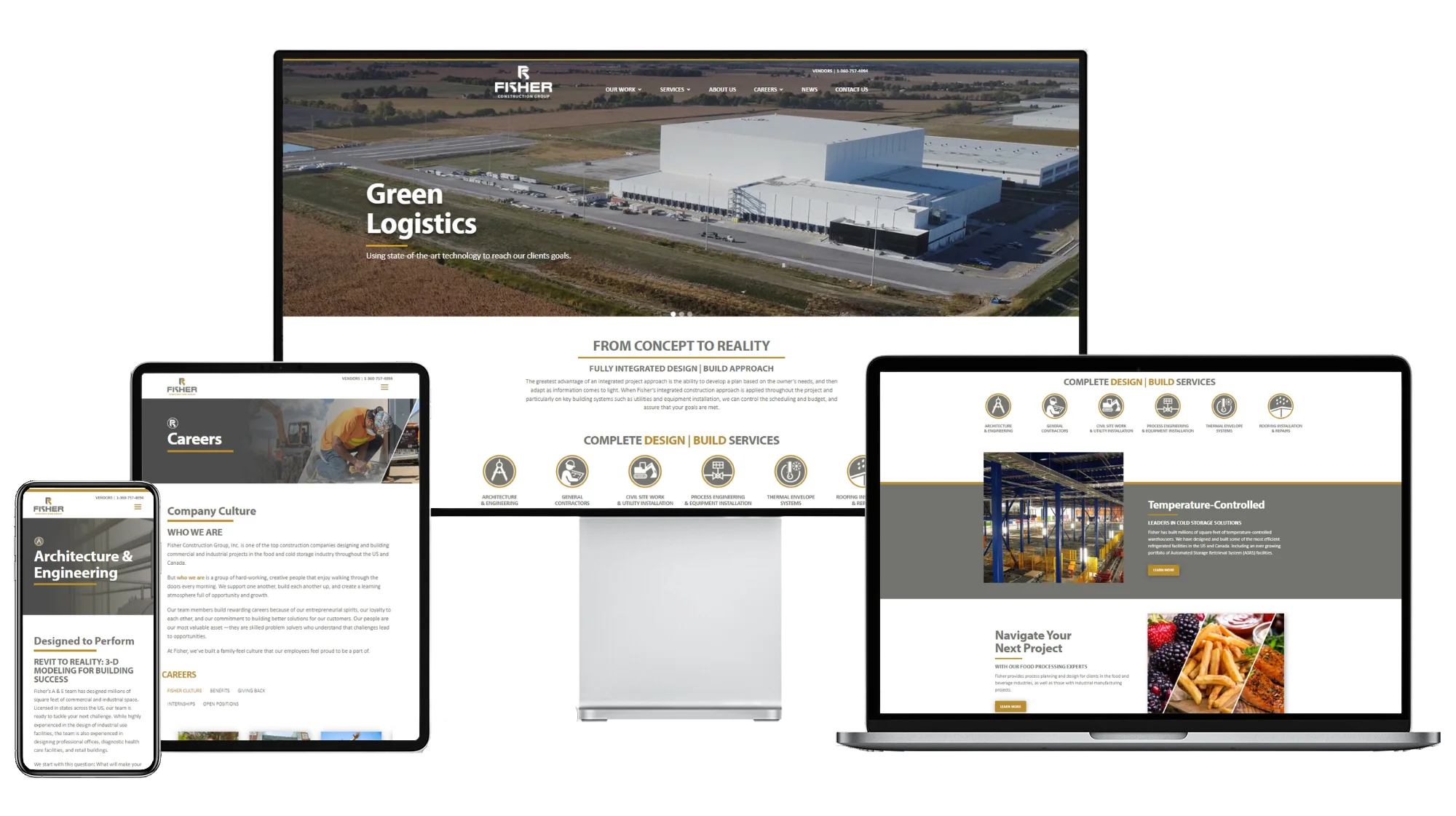 Fisher CGI Fisher CGI homepage in desktop, laptop, tablet, and mobile view