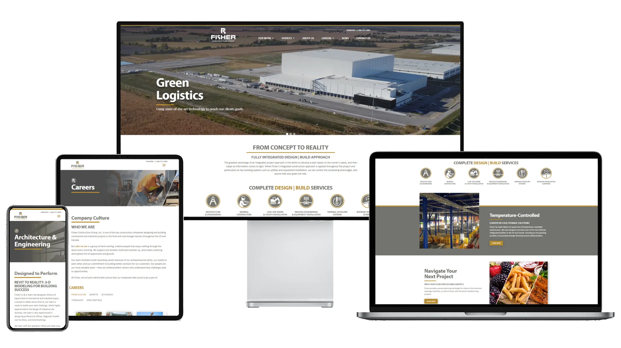 Fisher CGI homepage in desktop, laptop, tablet, and mobile view